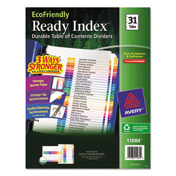 EcoFriendly Table of Content Dividers, 1-31 Multicolor Tabs, 11 x 8-1/2, 1 Set