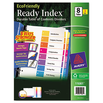 EcoFriendly Ready Index Table of Contents Divider, Multicolor 1-8, Letter, 3/PK