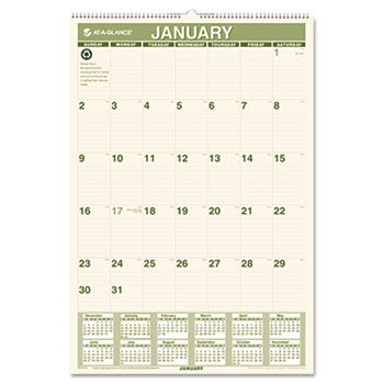 Recycled Monthly Wall Calendar, 15 1/2"" x 22 3/4"", 2014