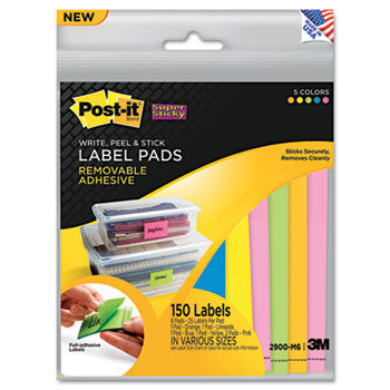 Removable Label Pads, Asst Sizes/Colors, 6 Pads/Pack, 150 Labels/PK