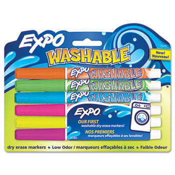 Washable Dry Erase Marker, Fine Point, Assorted, 6 per Set