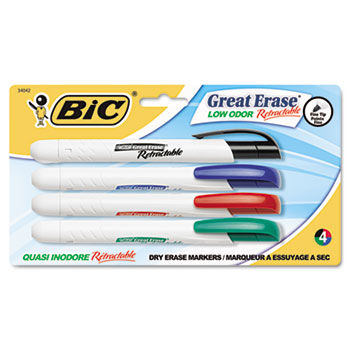 Retractable Low Odor Dry Erase Marker, Chisel Tip, Assorted, 4 per Pack