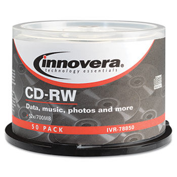 CD-RW Discs, Rewritable, 700MB/80min, 12x, Spindle, Silver, 50/Pack