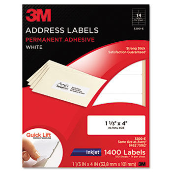 Permanent Adhesive White Mailing Labels f/ Inkjet Printers, 1-1/3 x 4, 1400/Pack