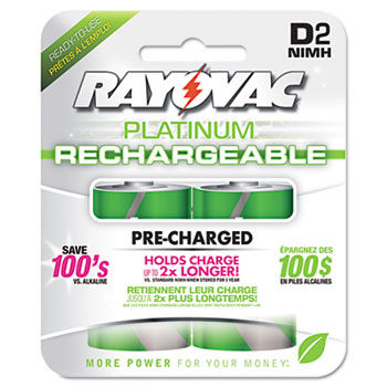 Platinum Rechargeable NiMH Batteries, D, 2 per Pack