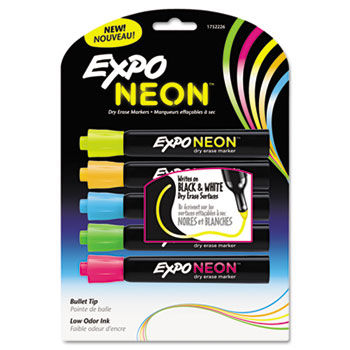 Neon Dry Erase Marker, Bullet Tip, Assorted, 5 per Set