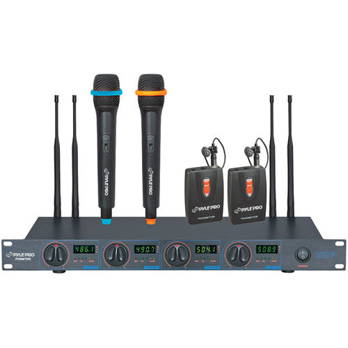 UHF 4-Channel  Wireless Mic System With 2 Handheld and 2 Lavalier Mics