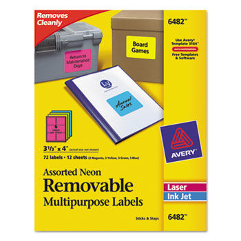 Removable Self-Adhesive Multipurpose Labels, 3-1/3 x 4, Assorted Neon, 72/Pack