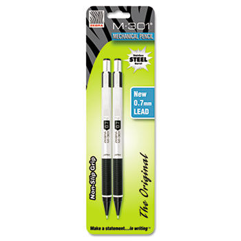 M-301 Mechanical Pencil, 0.7 mm, Stainless Steel w/Black Accents Barrel, 2/Pk