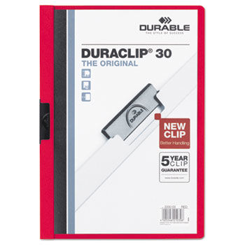 Vinyl DuraClip Report Cover w/Clip, Letter, Holds 30 Pages, Clear/Red