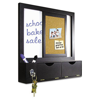 MasterVision Combo Dry Erase and Cork Station w/Storage, 16"" x 16"", Black Frame