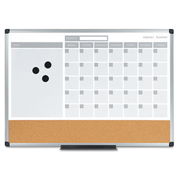 MasterVision 3-in-1 Planner, 24X18, Dry Erase/Calendar/Cork, Alum. Frame