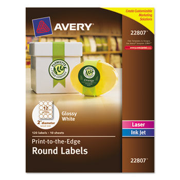 Round Easy Peel Labels, 2"" Dia., Glossy, White, 120/Pack