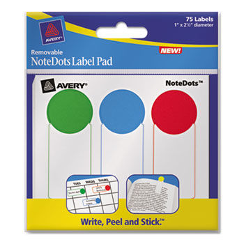 NoteDots Label Pad, 1 x 2-1/2, Removable Self-Adhesive, Assorted, 75/Pack