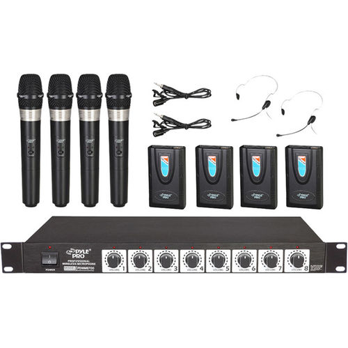 Rack Mount 8-Channel Wireless Microphone System With 4 Lavalier/Headsets And 4 Handheld Mics