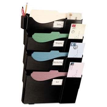 Wall Filing System, Four Pockets, 16 5/8"" x 4 3/4"" x 23 1/4"", Plastic, Black