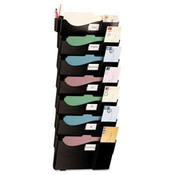 Wall Filing System, Seven Pockets, 16 5/8"" x 4 3/4"" x 38 1/4"", Plastic, Black