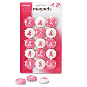 Breast Cancer Awareness Magnets, Pink/White, 1 1/8"" Dia., 15/Pack