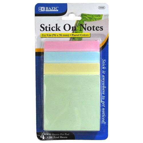 Bazic 3""x3"" Stick On Notes 50ct Sheets Assorted Case Pack 24