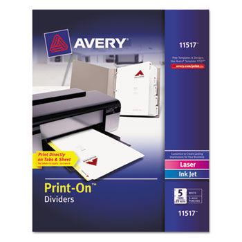 Print-On Dividers, 5-Tab, 3-Hole Punched, 8-1/2 x 11, White, 25 Sets/Pack