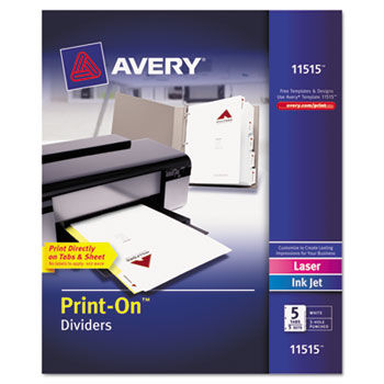 Print-On Dividers, 5-Tab, 3-Hole Punched, 8-1/2 x 11, White, 5 Sets/Pack