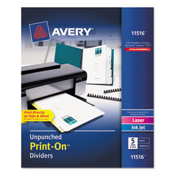 Print-On Dividers, 5-Tab, Unpunched, 8-1/2 x 11, White, 5 Sets/Pack