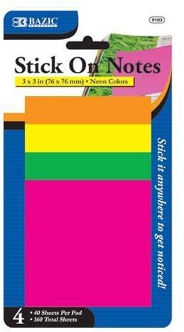 Neon Stick On Note Case Pack 144