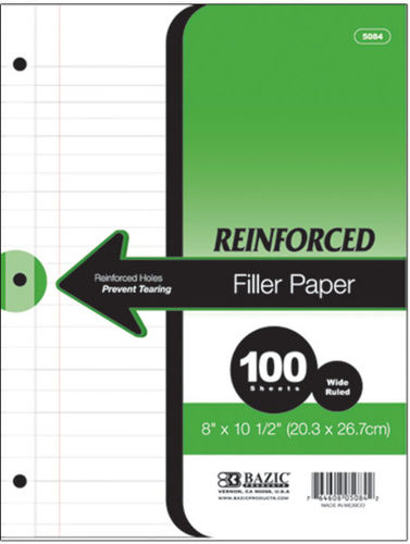 BAZIC 100 Ct. Wide Ruled Reinforced Filler Paper Case Pack 12