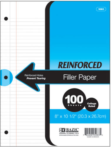 BAZIC 100 Ct College Rule Reinforced Filler Paper Case Pack 12