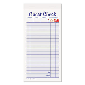 Guest Check Unit Set, Carbonless Duplicate, 6 7/8 x 3 3/8, 50 Forms, 10/Pack