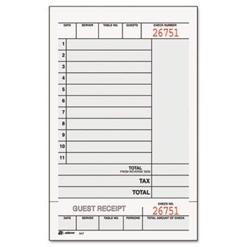 Guest Check Unit Set, Carbonless Duplicate, 7 1/4 x 4 1/4, 250/Pack