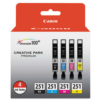 6513B004 (CLI-251) Ink, 9 mL, Black, Cyan, Magenta, Yellow, 4/Pack