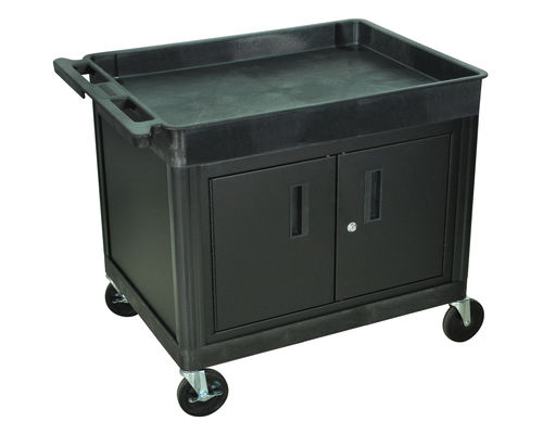 Offex Black Mobile Large Top Tub And Flat Bottom Shelf Utility Cart With Locking Storage Cabinet, Push Handle And 4 Heavy Duty Casters