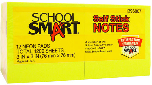 School Smart 12 Pack Assorted Neon Self Stick Note Pads Case Pack 6