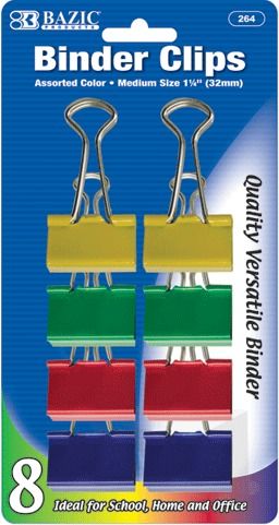 Medium 1 1/4"" (32 mm.) Assorted Color Binder Clip (8/Pack) Case Pack 12