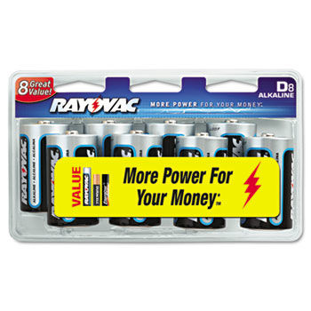 Alkaline Batteries, D, 8/Pack