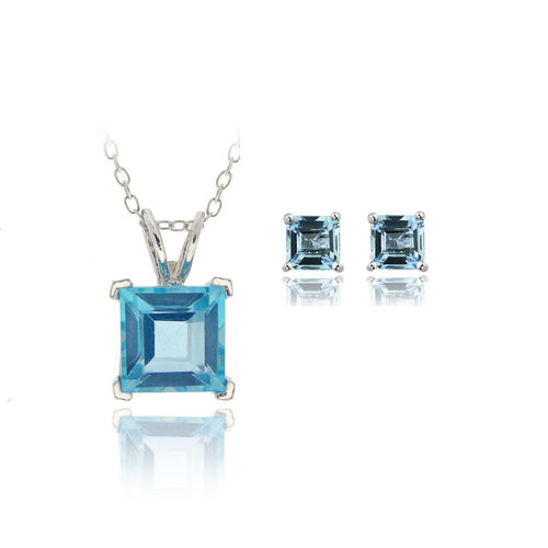 Sterling Silver 3.65ct Swiss Blue Topaz Square Solitaire Pendant &amp; Stud Earrings Set