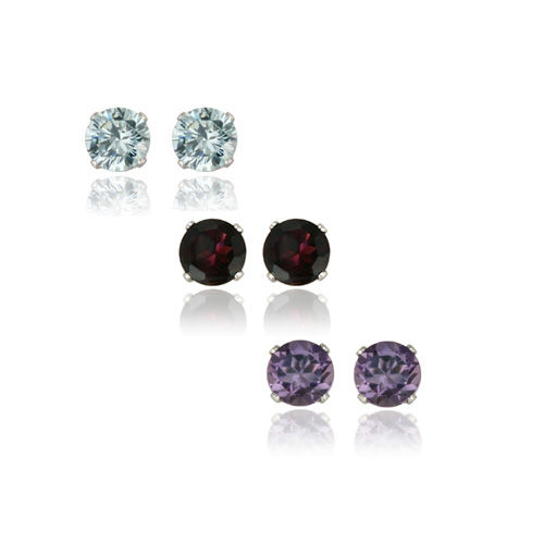 Sterling Silver 5mm Amethyst, Blue topaz &amp; Garnet Stud Earrings, Set of 3