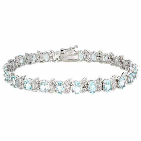 Sterling Silver Genuine Blue Topaz Stone and Genuine Diamond Accent S and Oval Tennis Bracelet