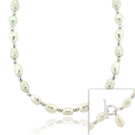 Sterling Silver .925 Round Bead Genuine Freshwater Cultured White Pearl Nugget Necklace