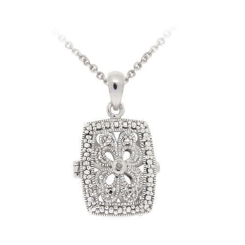 Sterling Silver Diamond Accent Filigree Rectangle Locket Necklace