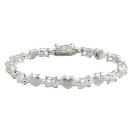 Sterling Silver Satin Heart &amp; Flower Bracelet