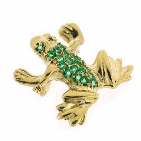 Vermeil (24k Gold over Sterling Silver) Dark Green cz Leaping Frog Pin