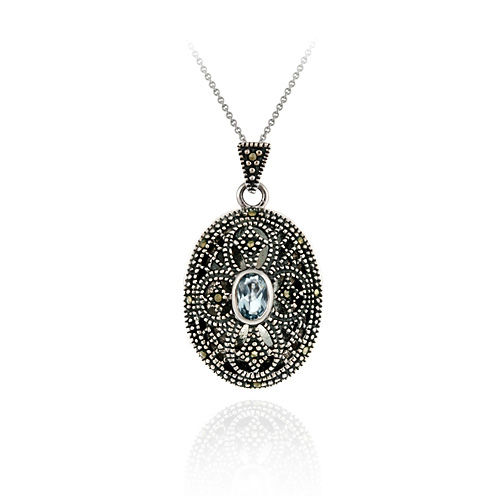 Sterling Silver Filigree Marcasite &amp; Genuine Blue Topaz Cross Locket