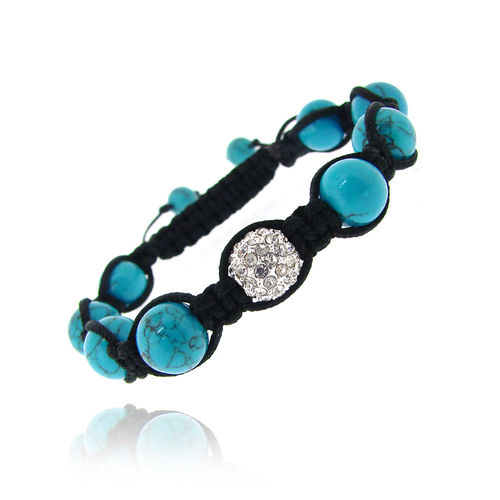 Crystal Fireball &amp; Created Turquoise 10mm Adustable Shamballa Bracelet