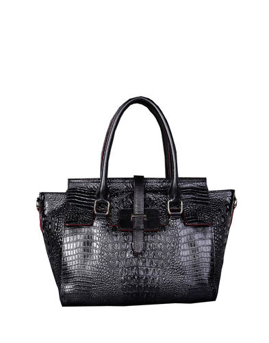 VIVILLI Leather Crocodile-embossed Tote Handbag-Black