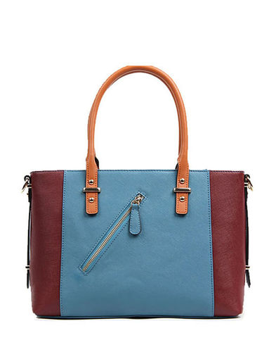 Y.A.R Color-blocking Zip Decoration Tote Handbag-lake blue& claret