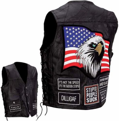 Mens Leather Concealed Carry Vest w/Patches-2X