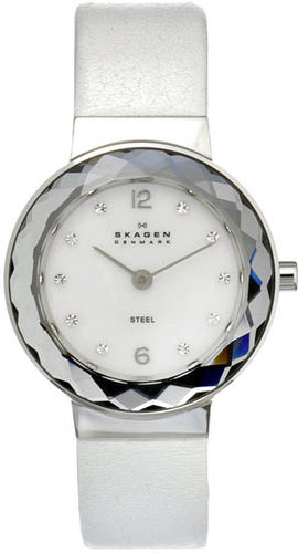 Mens Watch Skagen 456SSLW  Stainless Steel Case Leather Strap Quartz White Dial