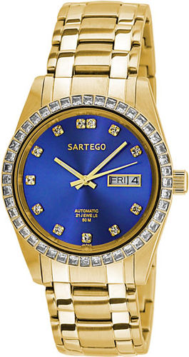 Mens Watch Sartego SGBL08  Gold Tone Automatic Dress Watch Blue Dial Crystals